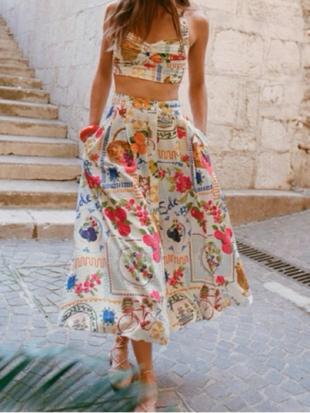Zara Cream Floral A-Line Maxi Skirt with pockets and Crop top SET both M